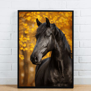 Black Horse With Golden Autumn Leaves