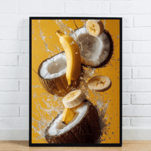 Fresh Coconut Halves And Bananas Splash