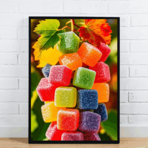 Colorful Sugar-Coated Candy Cubes with Autumn Leaves