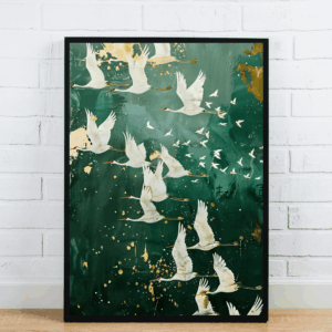 White Cranes Flying In Green Sky