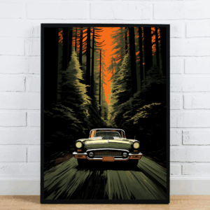 Classic Car in Forest at Sunset